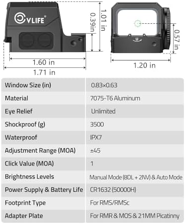 CVLIFE WildHawk Enclosed Auto-Brightness Green Dot Sight for RMS RMSc, 38MOA Circle & 2MOA Dot Motion Awake Reflex Sight Optic Scope for Compact Pistol, 3500G Shockproof, Adapter for MOS/RMR/Picatinny — view 7