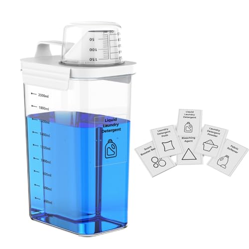 Anhow 2300ml Waschmittel Aufbewahrung, Waschpulver Aufbewahrungsbox mit Messbecher Aufbewahrung Vorratsgläser und 6pcs Kategorie Aufkleber für Waschmittel, Waschpulver - Transparent