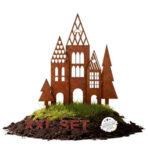 EXTRAVAGANT® Gartenstecker Häuser XXL 5er Set Edelrost Gartendeko Metall wetterfest Rostdeko Gartenfigur Handmade Design Highlight Garten & Beet wetterfestes Metall Gartenfigurenrostige Outdoor Deko