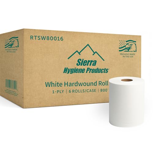 Sierra Hygiene 1-Ply White Roll Towels, 8” x 800’, Hardwound Universal Paper Towel Rolls for Commercial Restrooms, Restaurants, Schools & Offices, Case of 6 Rolls, Made in USA