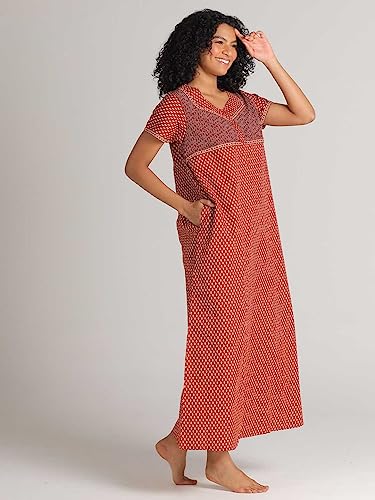 Image of Evolove Women's Cotton Long Maxi Night Gown Nighty Dress with Pocket & Stylish Button, Super Soft Comfortable (LNG-Button)