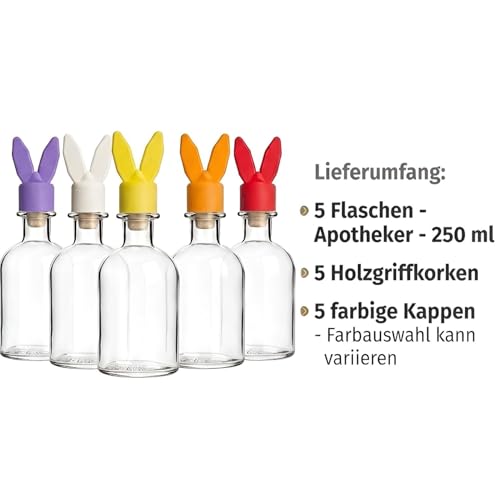 gouveo 5er Set Apothekerflaschen rund 250 ml (0,25 l) Glasflasche 250 ml Apotheker Ostern mit Holzgriffkorken & Hasenohren Aufsteckkappen, Glasflaschen zum Befüllen (AOST250CAP)