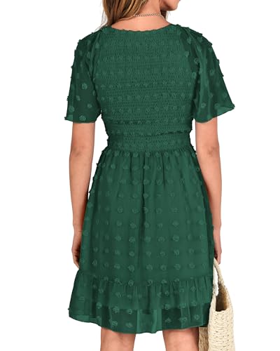 BTFBM Womens Beach Vacation Dress Summer 2025 V Neck Short Sleeve Smocked Swiss Dot Cute Ruffle Casual Fall Mini Dresses(Dark Green, X-Large) - Image 7