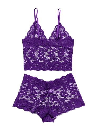 Image of Lilosy Sexy Sheer Floral Lace Pajamas Lingerie Set High Waist Sleepwear Bra and Panty 2 Piece Nightwear