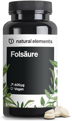 natural elements Folsäure – 400 Tabletten – 400 mcg pro Tagesdosis – Kinderwunsch und Schwangerschaft – vegan, hochdosiert, ohne unnötige Zusätze – in Deutschland produziert & labo