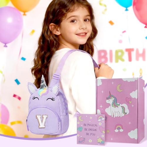 Image of COSHAYSOO Purple Girl Purse Unicorn Crossbody Sling Bag Small, Cute Easter Day Gifts for 3 4 5 6 7 8 9 10 Year Old Girls Easter Basket Stuffers Birthday Party Favor Girly Stuff Initial Letter V