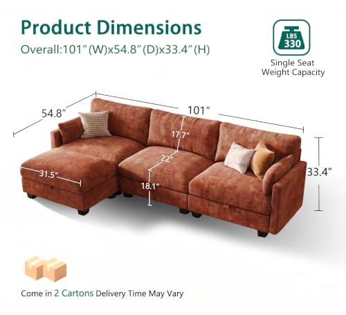 Image of Modular Sectional Sofa, 101 inch L Shaped Couch with Storage | High Resilience Foam, 22 inch Seat Depth, Movable Ottoman, Comfy Chenille, Easy Assembly, Orange