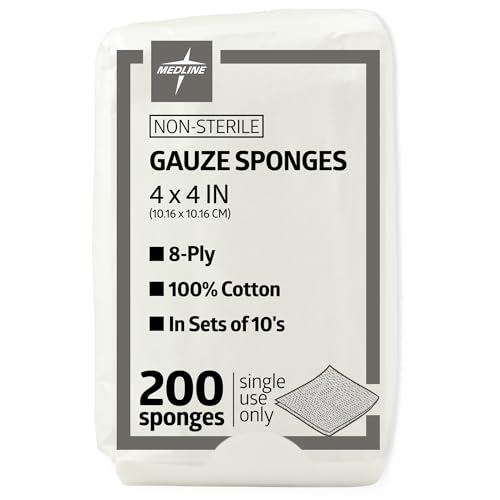Medline 4 x 4 inch Gauze Sponges, 100% Cotton, 8-Ply Woven Non-Sterile Gauze (Pack of 200)