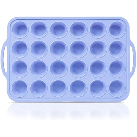 Vnray Mini Silicone Muffin Pan with Metal Frame, Non Stick Silicone Cupcake Pan with Handles 24 Cup, BPA Free Silicon Muffin Tin Tray Small for baking, egg bites, Cupcake Mold Blue Cover