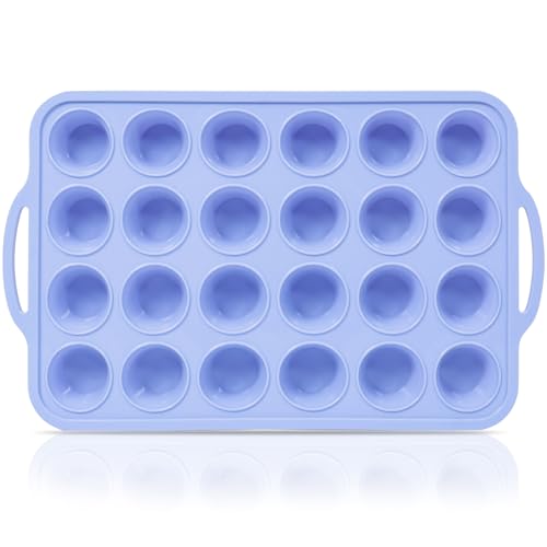 Vnray Mini Silicone Muffin Pan with Metal Frame, Non Stick Silicone Cupcake Pan with Handles 24 Cup, BPA Free Silicon Muffin Tin Tray Small for baking, egg bites, Cupcake Mold Blue