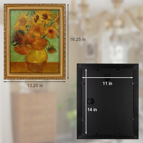 Image of Gold 11x14 Picture Frame with Mat Vintage Picture Frame Ornate | Wood, Real Glass, Matted 9x12 or 11 x 14 Photos, Easy Photo Changes, Wall Hanging