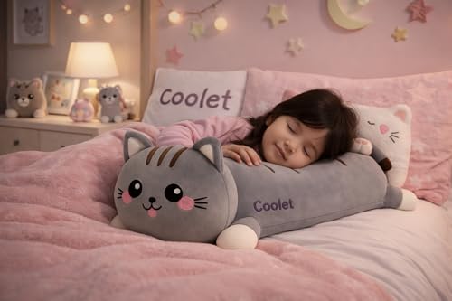 Image of Cute Long Cat Plush Pillow for Kids | Soft Huggable Sleeping Body Pillow | Grey Cartoon Cat Stuffed Toy for Girls & Boys | Decorative Bed & Sofa Cushion (60 cm) (Grey)