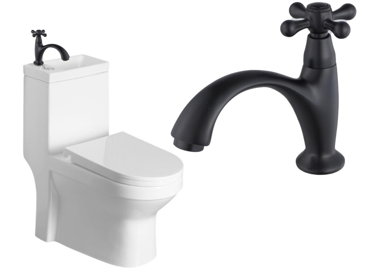 Inodoro compacto que ahorra agua con base integrada, asiento de cierre suave y grifo de agua fría retro negro