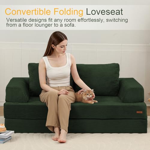 Image of COMAX Futon Sofa Bed, Convertible Folding Sofa Bed, Boneless Couch Loveseat Corduroy with Pillows, Small Foldable Floor Couch Comfy Lounge Sleeper for Living Room Bedroom, Green