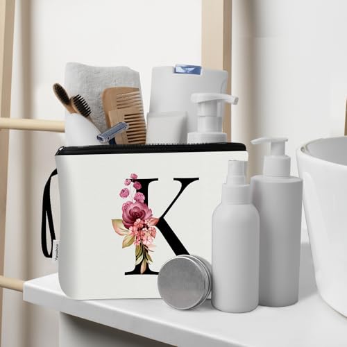 Image of Vavabox A-Z Personalized Makeup Bag, Birthday Gifts for Women Mom, Gifts for Best Friend, Bride Bridesmaid Cosmetic bag (K, 03-White Set)