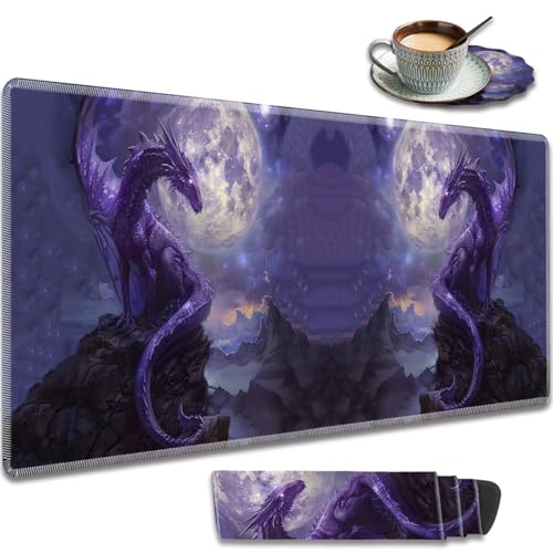 Extended Gaming Mouse Pad 31.5" x 11.8", with Edge Stitching, Non-Slip Rubber Base Keyboard Pad, Suitable for Work, Game, Office, Home and Coasters, Starry Purple Dragon