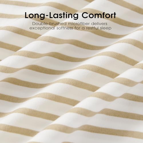 Image of FreshCulture Full Size Bed Sheets - Ultra Soft Striped Sheets - Brushed Microfiber - Deep Pockets up to 16 inch - Easy Care - Hotel Luxury 4 Piece Striped Sheets Full, Stripe Beige
