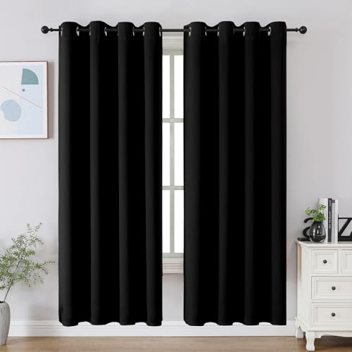 CUCRAF Black Blackout Curtains 72 Inches Long Thermal Insulated Noise Reducing Grommet Window Drapes for Bedroom & Living Room(52x72 Inch 2 Panels)