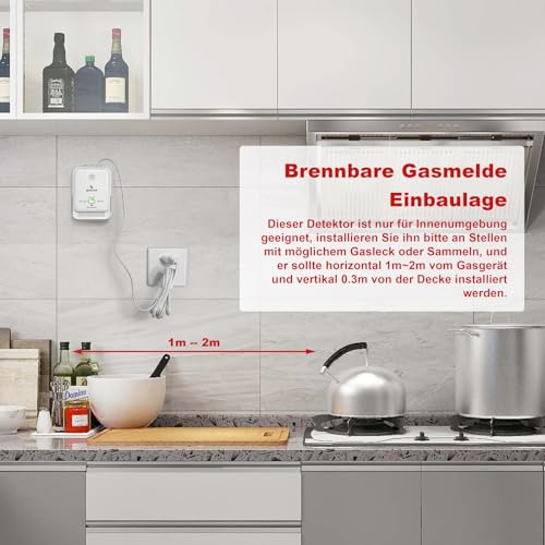 Methan-Alarm Gasdetektor - Erdgas/Flüssiggas mit Sprachansage & Blinklicht - Tragbarer Gasmelder für Küche/Keller (Weiß)