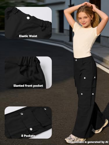 Image of SANGTREE Girls High Waist Casual Y2k Wide Leg Cargo Pants, 4-14 Years