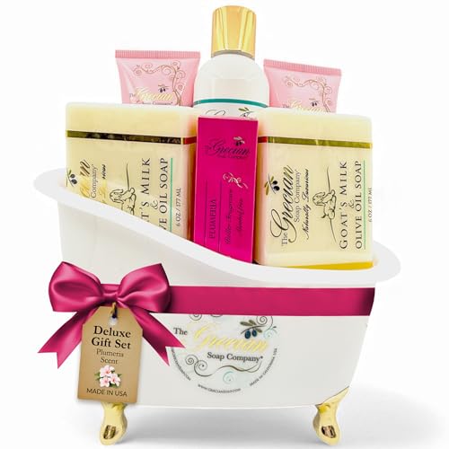 The Grecian Soap Company Deluxe Bathtub Gift Set – 6pcs Goat Milk & Olive Oil Skin Care Set, Spa Gifts, Bridal Shower Gifts Gifts for Mom, Birthday Gifts, Plumeria Scent, Handmade in the USA