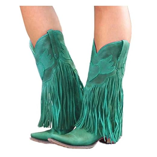 NOLDARES Cowboy Boots for Womens Tassel Fringe Winter Warm Cowgirl Boots Low Heel Pointed Toe Fashion Wedge Boots, Green, 9.5-10