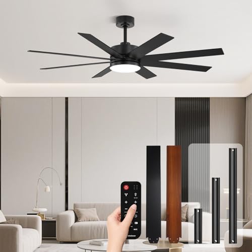 Image of 60 Inch Ceiling Fans with Lights and Remote, Dual Color 6 Blades, Bedroom Living Room Office Library Cafe Outdoor Industrial, 3CCT Dimmable, 6 Speed Reversible Quiet DC Motor, Black /Wood Grain