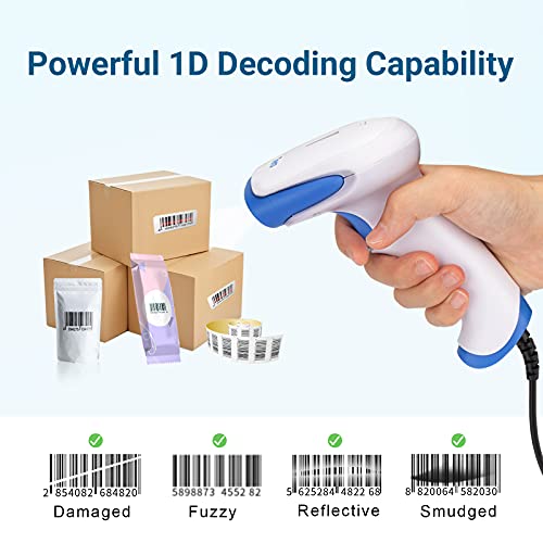 Image of Tera CCD 1500C 1D Barcode Scanner, USB Wired Handheld Reader, White-Blue