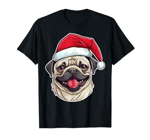 Pug Dogs Santa Hat Christmas Holiday Pug Dogs Lover Xmas Camiseta