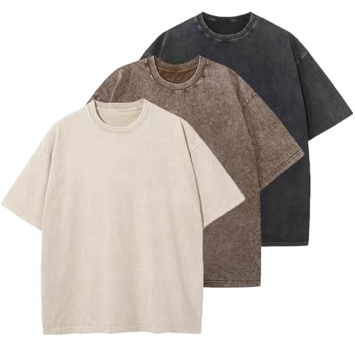 Wrenpies 3 Pcs Oversized T Shirts for Women Vintage Acid Wash Cotton Tshirt Basic Boyfriend Tees Loose Fit Shirts Tops (Black+Coffee+Apricot,M)