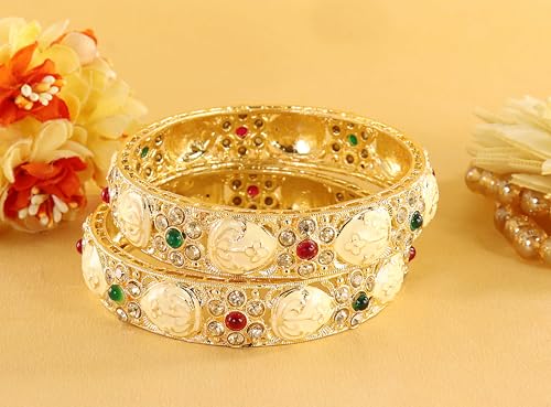 Image of NMII Traditional Gold Plated Metal Bangles Kada Set For Women & Girls With Zircon Diamond Stone | Women's Bangles | Premium Kada Set For Wedding, Party, Occasions Fashion Jewelry - Set Of 2