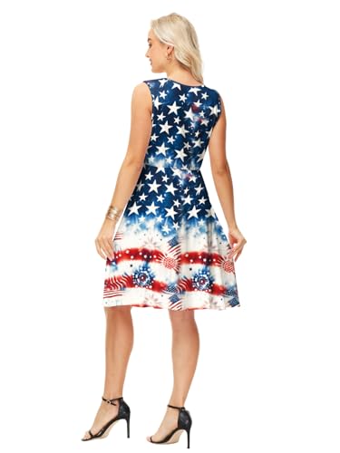 Image of Deerose 4th of July Dress for Women Sleeveless American Flag Patriotic Elastic High Waist Sundress