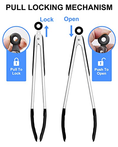 Bnlcd Kitchen Tongs, Premium Stainless Steel Locking Cooking Tongs With Silicone Tips, Non-Slip Food Tongs For Cooking, Heavy Duty, Non-Stick, 480℉, Set Of 3-7" 9" And 12" Black #TOP2