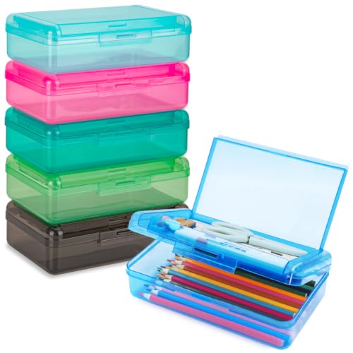 Image of 6 Pack Double Layer Plastic Clear Hard Colored Pencil Box Case | Cute Color Hard Clear Pen Case Box for School Art Supplies Marker Crayon Organizer Storage,Standard Size,Multicolor