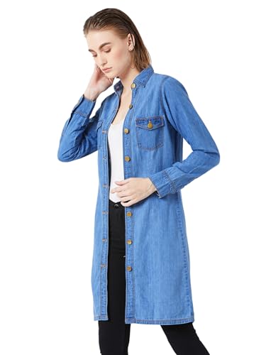 Image of Miss Chase Women's Polo Neck Full Sleeves Patch Pocket Denim Overcoat Knee-Length Jacket