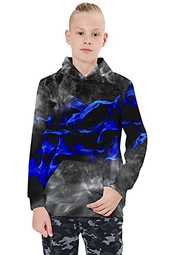 Belovecol Boys Sweatshirt Hoodies Novelty Blue Grey Fire Flame Hoody Pullover Shirts Cool Graphic Smoke 3D Hooded Hoodies For Casual Daily Wear 9-11 Years #TOP1