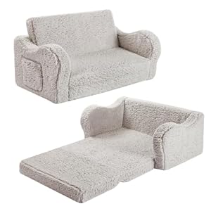 Kids Extra Wide Chairs for Toddler, 2-in-1 Toddler Soft Sherpa Couch Fold Out, Convertible Sofa to Lounger for Girls and Boys, Grey