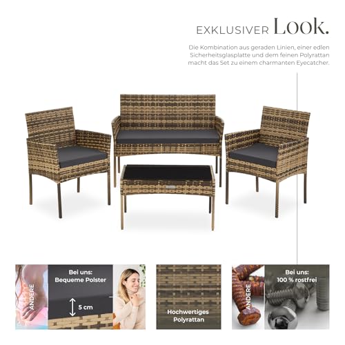 tectake® Rattan Gartenmöbel Set, Outdoor Lounge Möbel,1x Gartenbank, 2X Stuhl, 1x Balkontisch, mit Outdoor Kissen wetterfest, Balkonmöbel Kleiner Balkon, Lounge Gartenmöbel, Terrassenmöbel - Natur 3