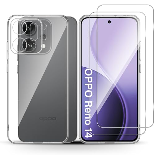 Holilo Silicona Funda + 2 Piezas Protector de Pantalla para OPPO Reno 14 5G, 9H Dureza HD Cristal Templado Slim Carcasa Suave Gel Rasguño y Resistente Teléfono Móvil Cover