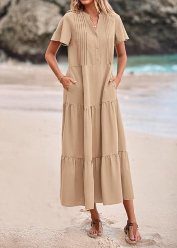 Image of KIRUNDO Summer Maxi Dresses for Women 2026 | Spring Fashion Short Sleeve Tiered Flowy Dress, Button V Neck, Pleated, Loose Fitting, Nursing & Bump Friendly, With Pockets
