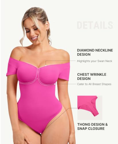 Image of FeelinGirl Short Sleeve Shapewear Bodysuit for Women V Neck Tummy Control | Sweetheart Neckline, Seamless, Going Out Tops, Thong, Plus Size, Soft