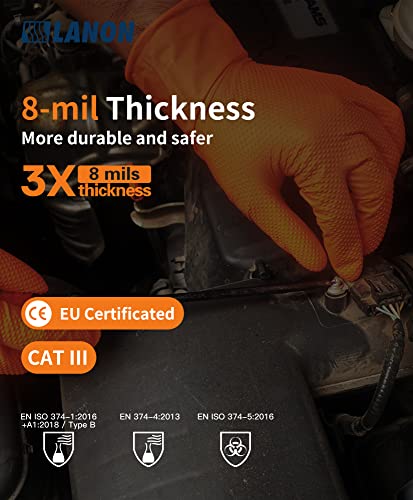 Lanon 8Mil Orange Disposable Nitrile Gloves, Mechanic, Heavy Duty, Food Safe, Latex Free, Powder Free, Fully-Diamond Textured, Medium #TOP2