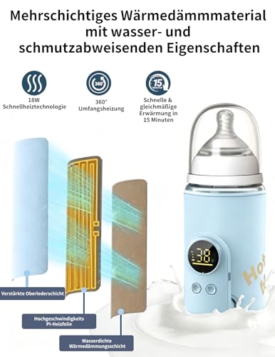 Flaschenwärmer Baby, Babyflaschenwärmer mit 8000mAh Akku, 6 Temperaturstufen 38-50℃, LED-Anzeige & Nachtlicht, Tragbarer Flaschenwärmer Baby USB-Ladefunktion für Unterwegs und Zuhause(Blau)