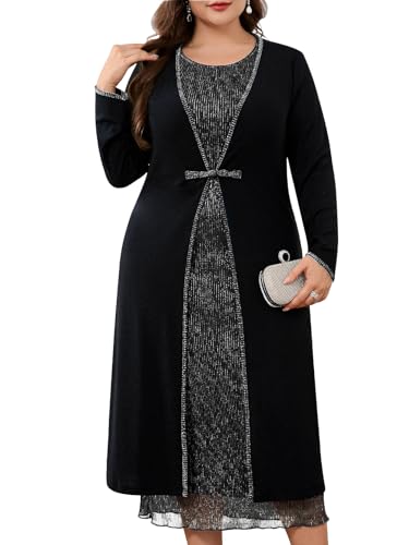 ZOMVA Plus Size 2 Pieces Mother of The Bride Sparkly Dress Set with Jacket Formal Wedding Guest Evening Elegant Outfit, Silver and Black, 2X