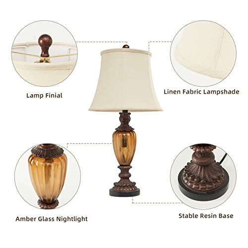 Roriano Set Of 2 Farmhouse Table Lamps For Living Room, 26.5" Tall Rustic Vintage Nightstand Lamp With Amber Glass Nightlight, Traditional Resin Desk Lamp For Bedroom End Table Entryway (Bronze) #TOP4