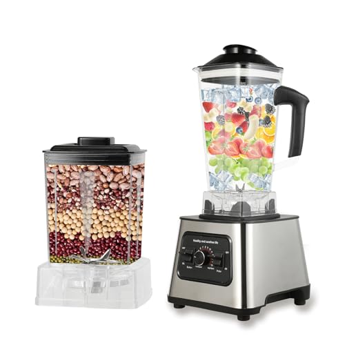 Batidora profesional de 2 en 1, 2 l licuadora y 500 ml batidora batida, 9 velocidades, eléctrica prensa cítrica, con 4 cuchillas de acero inoxidable, para batidos, hielo picado, puré, salsa (gris)