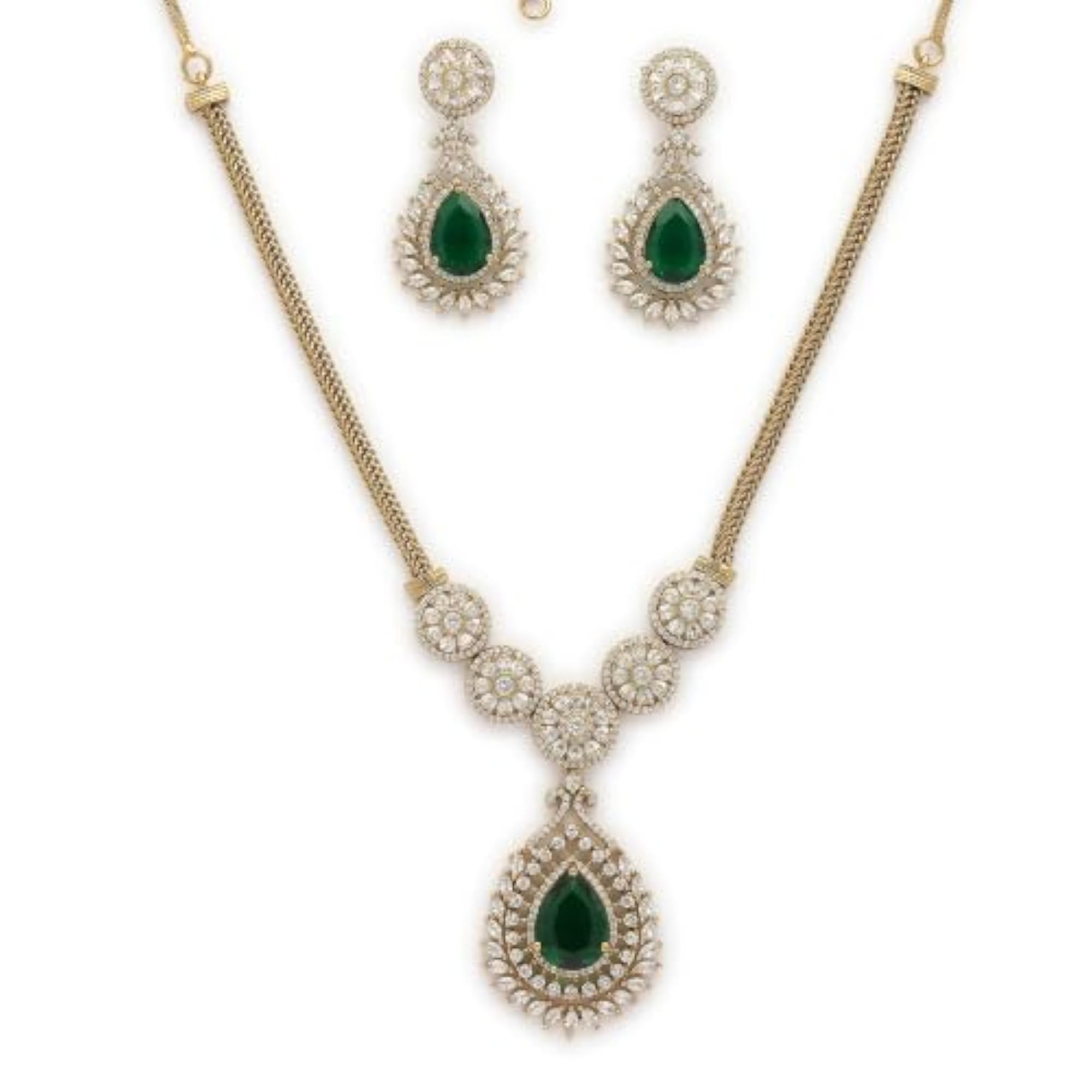 AD Emerald Teardrop Floral Halo Necklace Set, Gift for Her