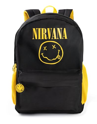 Nirvana Unisex Black Logo Backpack | Durable Fabric with Front Pocket & Side Mesh Pockets Bag Music Band Merch