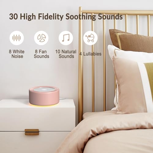 Image of Kipcush White Noise Machine for Baby & Adults, 30 Soothing Sounds, Soft Non-Glare Nursery Lamp, 8 Color Night Lights, Memory Function (Pink, Standard)