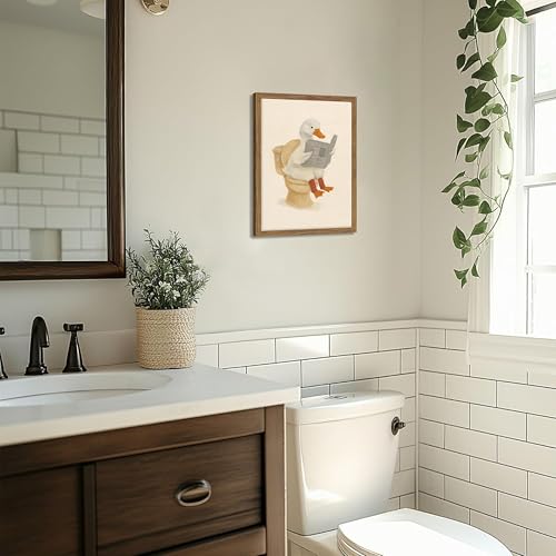 Image of Framed Duck Bathroom Wall Art, Whimsical Duck Reading on Toilet, Funny Kids Bathroom Wall Decor, Vintage Farmhouse Toilet Decor, Cute Animal Canvas Print for kids Room 16x24 inch